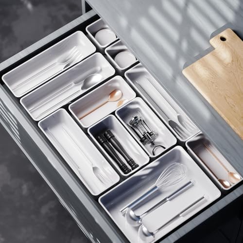 Cetomo 25 Pcs Drawer Organiser Set, Plastic Storage Drawer Organizer, Drawer Dividers, Adjustable and Expandable, Container Tray for Kitchen Utensils, Cosmetic, Makeup, Gadgets, White, 4 Size-25 Pack