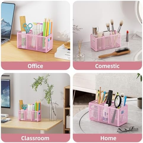 Marbrasse Mesh Pen Holder for Desk, Pencil Holder Desk Organizer 3 Adjustable Compartments, Pencil Cup with Handle Perfect for Classroom, Office, Home, Makeup, Art (Pink)