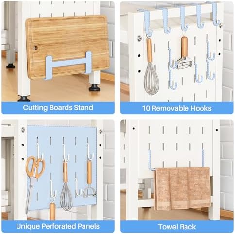 Expandable Microwave Stand, Heavy Duty 3-Tier Adjustable Microwave Oven Rack with 8 Hooks & 2 Holders, Space-saving Kitc