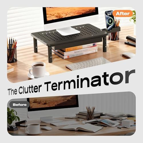 Computer Monitor Stand Riser with Storage, 3 Height Adjustable Laptop Desktop Monitor Stand with Drawer, Metal Short Pri