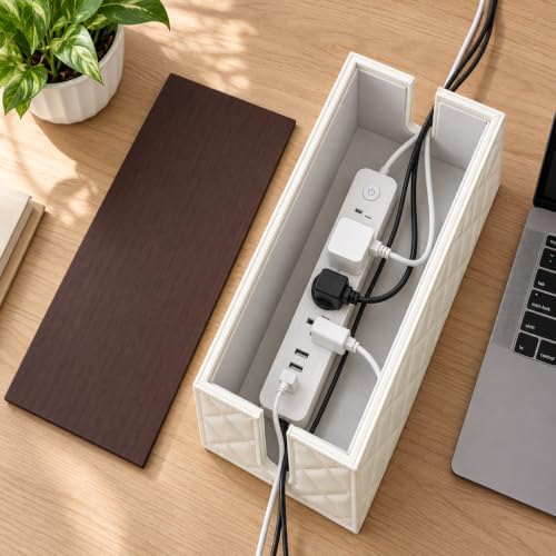 Premium Cable Management Box | Leather Cord Organizer Box with Lid | White