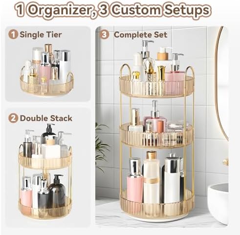 360° Rotating Makeup Organizer for Vanity, 3 Tier Perfume Organizers, Gold