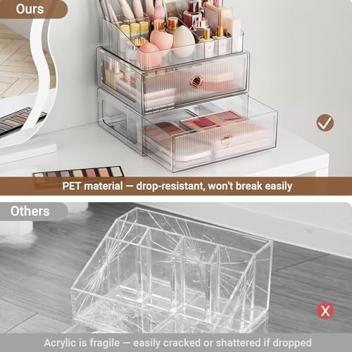3 Tier Clear Makeup Drawer, PET Cosmetic Storage Organizer for Dresser, Countertop & Bathroom Vanity, Holders for Lipsti