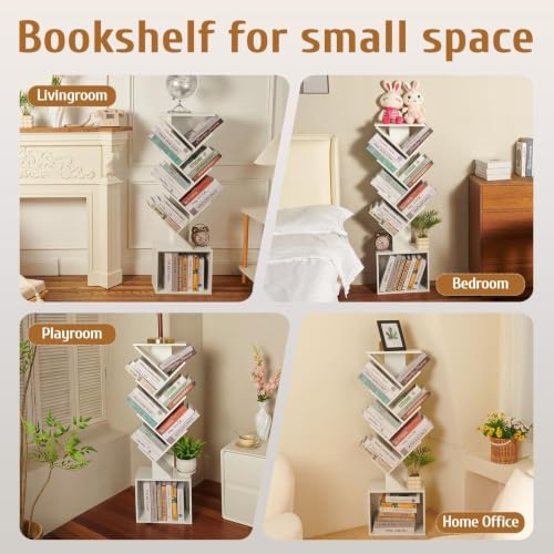 7-Tier Tree Bookshelf with Reading Planner & Activity Panel, Small Bookcase
