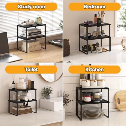 Kitchen Cabinet Organizer Shelf Set of 4, Sturdy Kitchen Counter Shelves with Metal Legs, Stackable Expandable Wood Spic