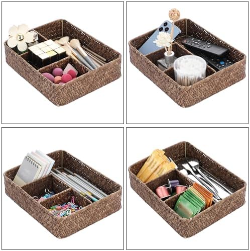 BTSKY Desk Drawer Organizer Tray, Coffee Station Organizer Tea Bag Organizer, Woven Seagrass Storage Basket with 4 Divided Sections Handwoven Wicker Basket for Shelves, Pantry, Coffee Bar (Coffee)