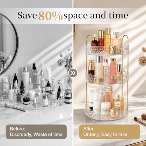 Large Capacity Rotating Makeup Organizer Perfume Stand Holder, 3 Tier Clear