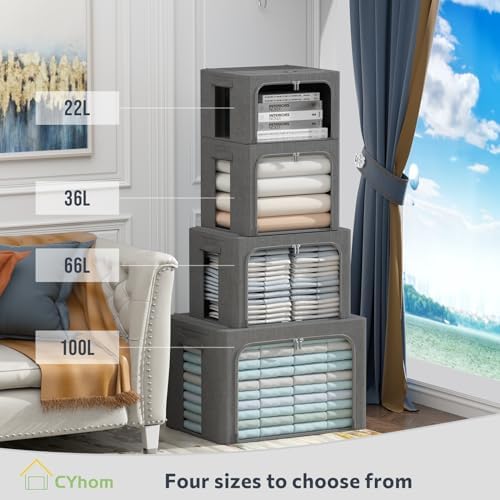 CYhom 3Pack Foldable Storage Bins - Frame Storage Box Linen Fabric Stackable Clothes Container Organizer with Clear Wind