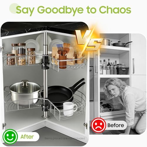 24inch Kidney Chrome, 2-Shelf Lazy Susan Kitchen Base Cabinet Corner Organizer Rack, 360° Rotating Storage Shelf Rack, A