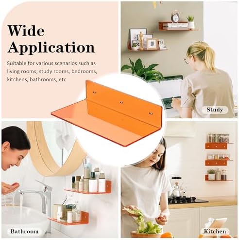 Sezanrpt 12 Inches Small Orange Wall Shelves Set of 2, Acrylic Floating Shelf for Bedroom, Living Room, Funko Pop Shelves, Smart Speaker, 2 Pack