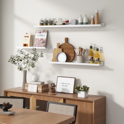 Picture Ledge Shelf for Wall, 36 inches Solid Pine Wood Nursery Book Shelves 3 Packs, Floating Ledge Shelves for Kids' Room Bedroom Bathroom Living Room Photo Frames Office Nursey Wall Decor, White
