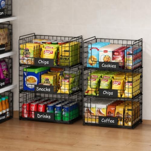 3 Pack XXL Stackable Wire Baskets with Handles & Name Plates
