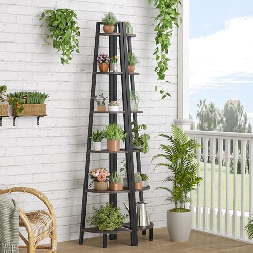 Hoctieon Corner Shelf, 6-Tier Corner Bookshelf, Rustic Ladder Shelf, Industrial Display Stand for Living Room, Kitchen,