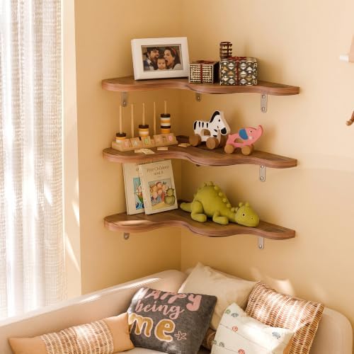 Cute Cloud Corner Shelves - Set of 3 Brown Wooden Floating Corner Shelves Wall Mounted, 90-Degree Space-Saving Nursery S