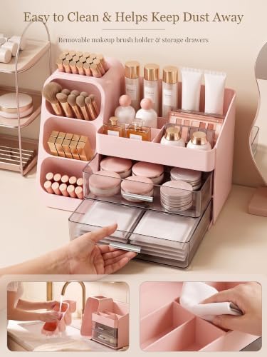 Booklov Large Makeup Organizer for Vanity Countertop, Pink