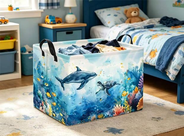 Rectangular Baby Kids Storage Basket for Home Kitchen Girls Cute Toy Storage Bin Organizer Shelf Book Room Decor(Marine Animals)