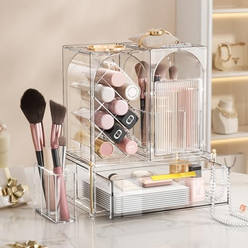 INVSSENE Stackable Makeup Organizer Countertop, Storage Perfume Skincare Cosmetic Lipstick Face Mask Makeup Brush Palett
