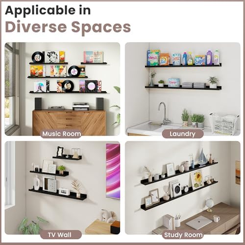 Acovy Long Floating Shelves for Wall, 55 inch Solid Wood Picture Ledge Shelf, Picture Shelf for Wall with Ledge, Floating Book Shelves for Living Room Bedroom Kitchen Nursery Decor, Black, Set of 2
