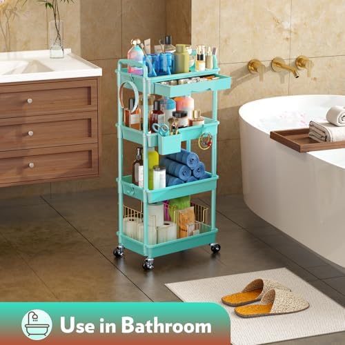 SUNALLY Makeup Cart Organizer with Drawer, 4 Tier Rolling Makeup Cart, Blue