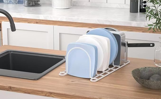 JAQ Plate Rack for Cabinet, 10.5" Vertical Dish Organizer for Plates, Pot Lids, Cutting Boards & Baking Sheets, Metal Kitchen Cabinet Organizer for Pantry Countertop (2-Pack, White)