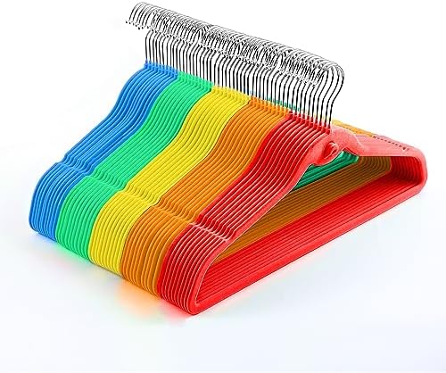 Multi-Color Premium Velvet Hangers with Mini Hooks, Pack of 50, Non Slip, Space Saving Cascading Clothes Hangers, Rainbow Colors, Red, Orange, Yellow, Green, Blue