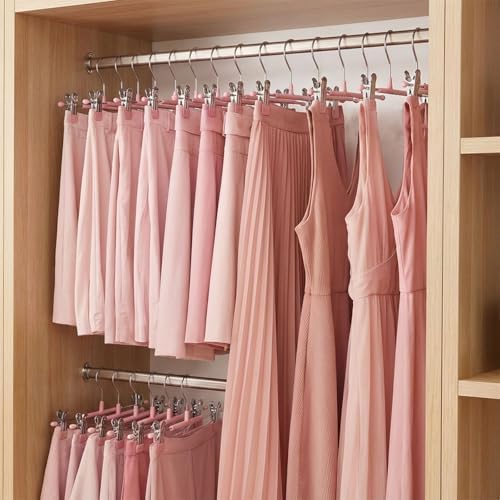 POZEAN Pants Hangers with Clips for Women, Adjustable Heavy Duty Skirt Hangers, Space Saving Non-Slip Shorts Jeans Trousers Clothes Hangers (Pink, 20Pack)
