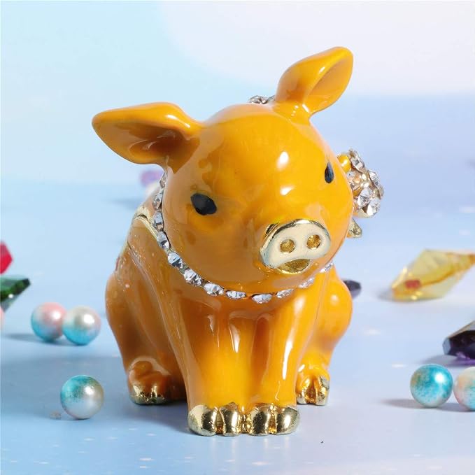 Waltz&F New Golden Pig with Bowknot Handcrafted Pewter Trinket Box Animal figurine Hinged Jewelry Box
