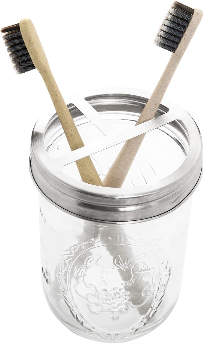 2Pcs Mason Jar Toothbrush Holder 16oz Glass with Premium Rustproof 304 Stainless Steel Lid-Farmhouse Bathroom Organizers and Storage(Silver)
