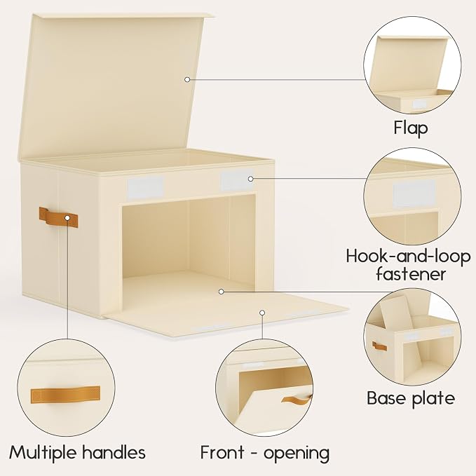 Homsorout Large Storage Bins with Lids - Front Opening Fabric Storage Bins, Flap Closet Organizer with Handles, Collapsible Boxes with Lid, Decorative Basket for Home, Dorm, 4 Pack, Beige