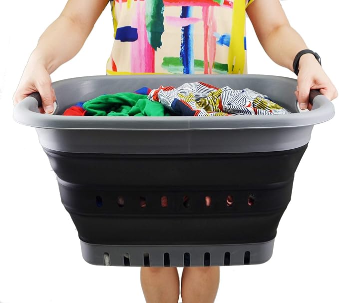 SAMMART 37L (9.77 gallon) Collapsible Plastic Laundry Basket - Foldable Pop Up Storage Container/Organizer - Space Saving Hamper/Basket (1, Grey/Black)