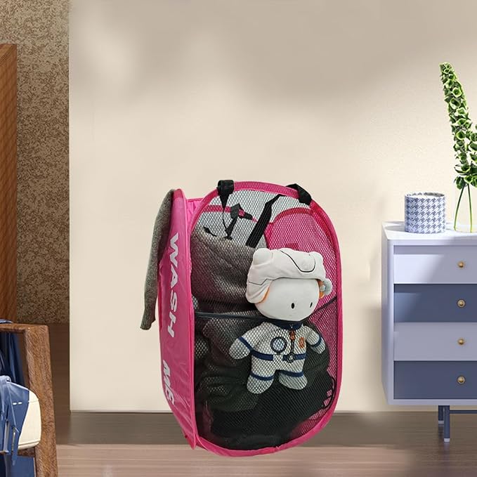 2 Pack Mesh Pop Up Laundry Hamper Collapsible Laundry Basket Pink Dirty Clothes Basket for Laundry Room, College Dorm, Bedroom, Travel