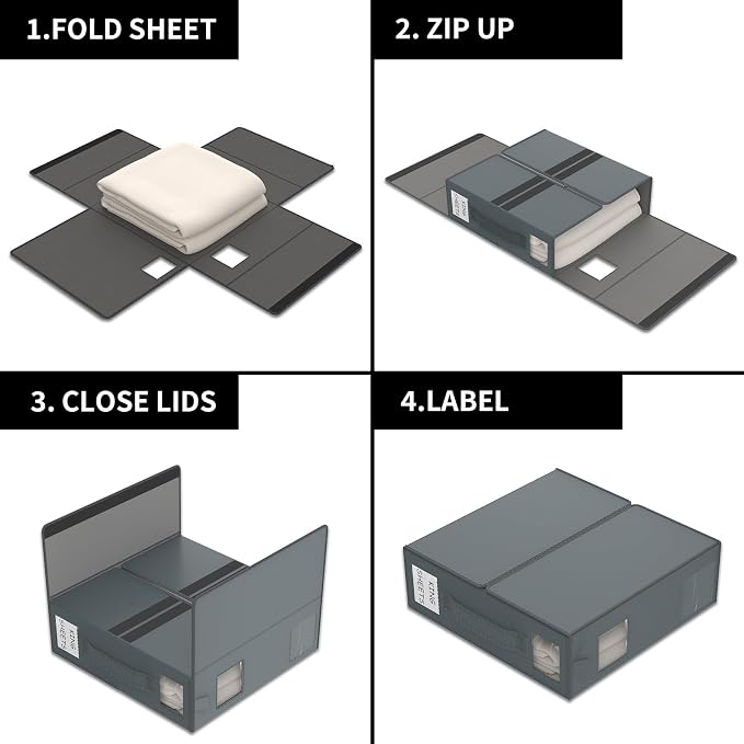 Aokeyee Bed Sheet Organizers and Storage - 4 Pack (Queen or King Size),Foldable Storage Box for Duvet Cover Set, Linen Closet Organizer for Bedding Clothes Blankets, Grey