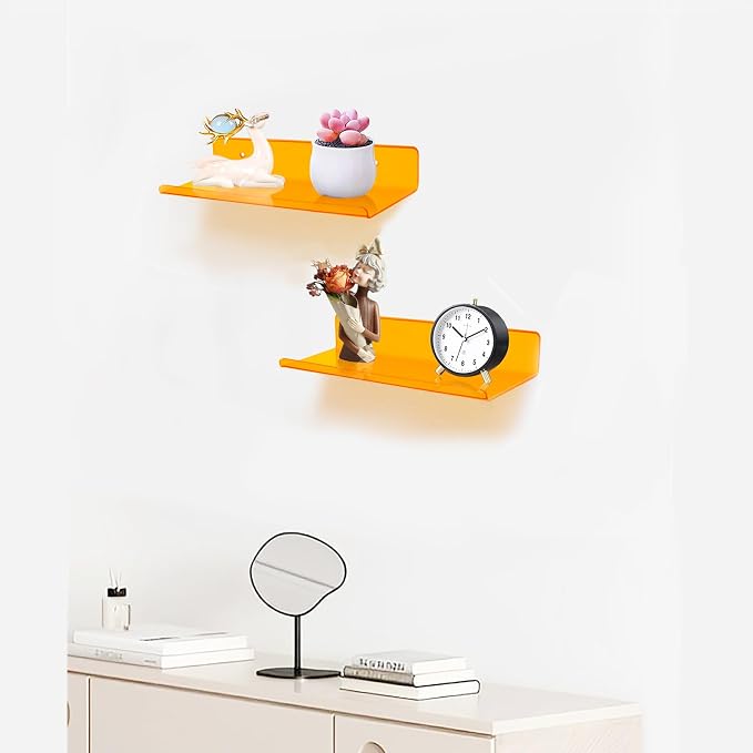 ROYALITA 2-Pack Small Acrylic Shelves Wall Mounted, 12 in Display Shelves | for Small Items, Plants, Room Decor Floating Wall Shelves for Gaming Room, Bedroom, Living Room, Office, Orange