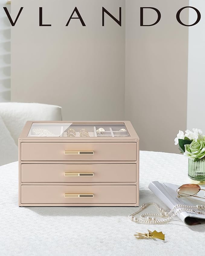 VLANDO 3 Layer Jewelry Box for Women, Glass Lid Jewelry Organizer with 3 Drawers for Necklaces Rings Earrings Bracelets - Toffee