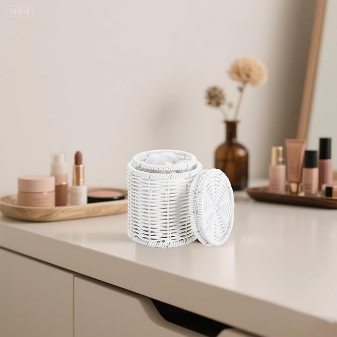 Rattan Jars,Decorative Storage Boxes with Lids, Bathroom Accessories,Rattan Desk Organizer,for Office,Dressing Table,Dental floss picks, cotton swab holders Home Decoration,White(DP056)