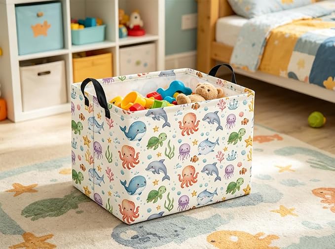 Rectangular Baby Kids Storage Basket for Home Kitchen Girls Cute Toy Storage Bin Organizer Shelf Book Room Decor(Cute Ocean)