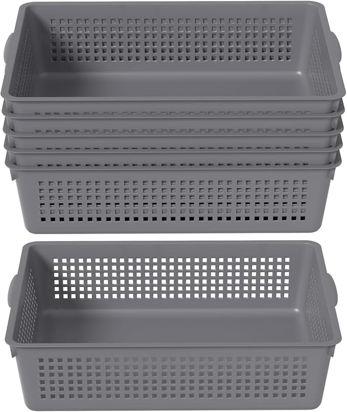 6-Pack A4 Paper Storage Trays, Desktop File Organizer Baskets, Grey | Organizing Desk Tray for A4 Papers, Classroom Storage Plastic Paper Bins, Fun Turn In Trays for Teachers and Students