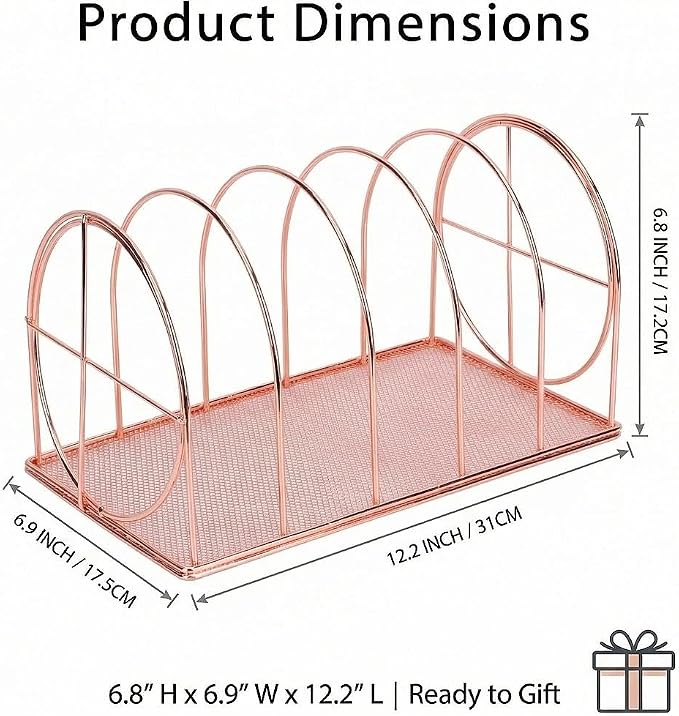 File Sorter Organizer, 5 Section Magazine Holder Rack, Desktop Round Wire Book Stand for Mail, Paper, Document, Folder, Record and Desk Accessories, Rose Gold