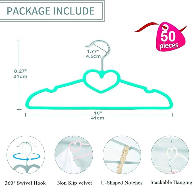 Velvet Hangers 50 Pack,16 Inch Non Slip Adult Heart Hanger (Green) | 360° Swivel Hooks, Cascade Design, Space Saving