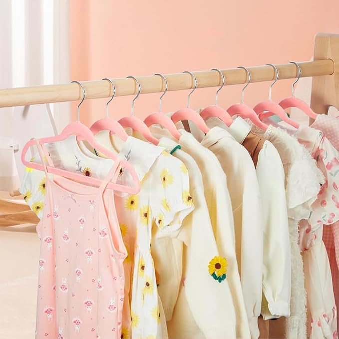 Stormix Baby Velvet Hangers 30 Pack, Kids Non-Slip Felt Hangers with Shoulder Notches, Thin Space Saving Hangers for Closet Organization, 360° Swivel Hook for Toddler's Clothes - Pink