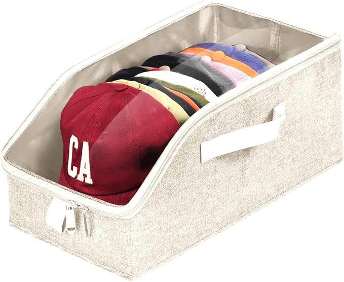 Livelab Hat Organizer for Baseball Caps, Hat Storage Holder Container for Closet Hold Up to 12 Caps with Clear Window, Hat Boxes for Home Storage | 2Pcs Beige