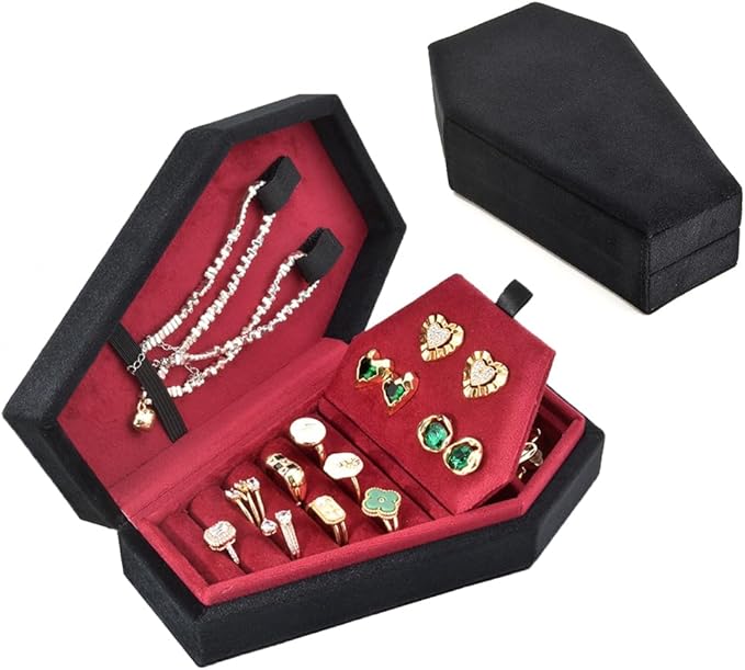 TAIMY Coffin Jewelry Box, Mini Coffin Shaped Gothic Jewelry Case, Plush Velvet Small Jewelry Organizer for Earrings Rings Necklaces Bracelets(Black-Red)