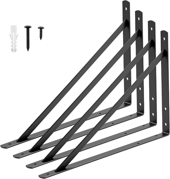 HOME MASTER HARDWARE 20inch x 13 inch Black Heavy Duty Shelf Brackets 4-Pack, Metal L Brackets with Screws - 90 Degree Angle Brackets for Shelves, Floating Shelf & Wall Mounted Shelf Support