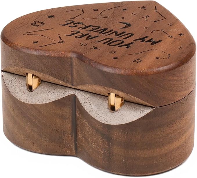Engagement Proposal Ring Box Secret Slim Engraved Wooden Heart Case | Engrave"You are my universe", Walnut Wood Ring Bearer Box Jewelry Storage Holder Display for Wedding Ceremony Commemoration