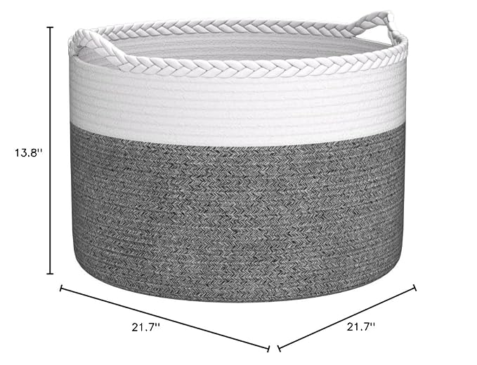 COMSE Extra Large Blanket Basket, Woven Laundry Basket, 21.7”x 13.8”, Nursery Hamper, Cotton Rope Laundry Hamper Living Room for Storage Toys Clothes Towels (White & Black)