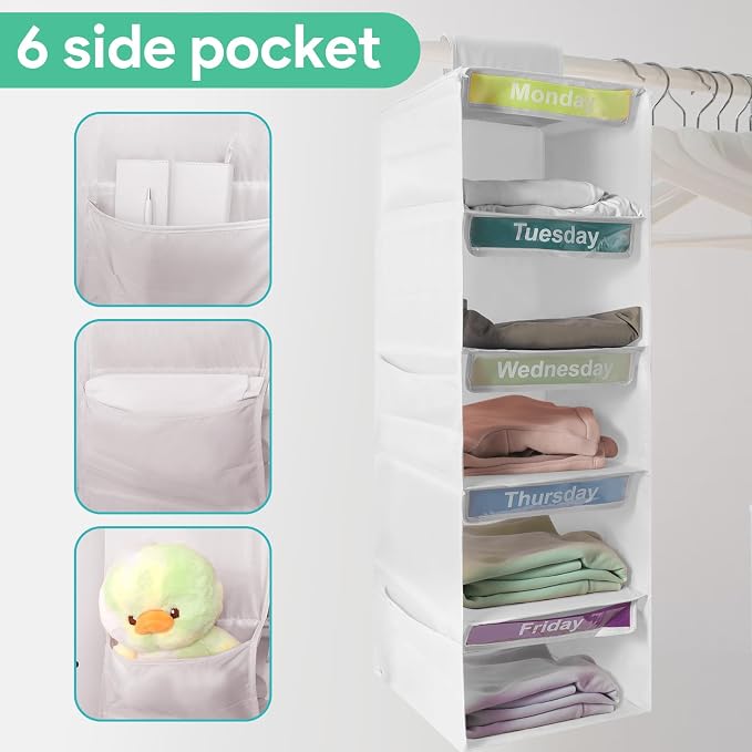 5 Shelf Weekly Hanging Closet Organizer Monday Through Friday Clothes White | Days of The Week Hanging Storage Shelves Foldable, Daily Close Organizer for Kids with 6 Side Pockets