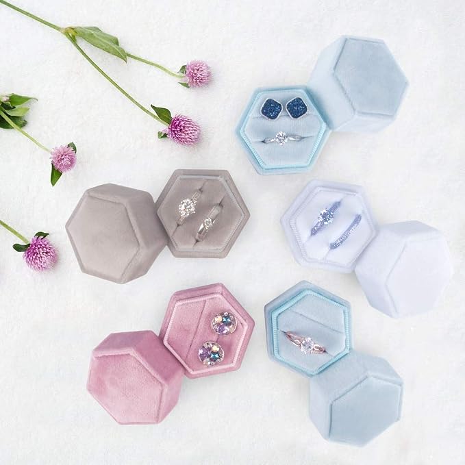 DesignSter Velvet Ring Box Hexagon - Premium Gorgeous Vintage Double Ring Display Holder with Detachable Lid for Proposal, Engagement, Wedding, Ceremony (White)