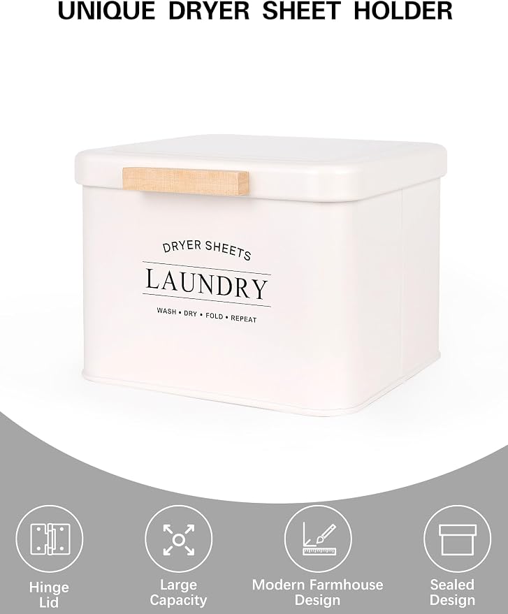 Dryer Sheet Holder with Hinged Lid for Laundry Room Organization, Metal Farmhouse Dryer Sheet Container, Laundry Room Decor and Accessories (Cream)