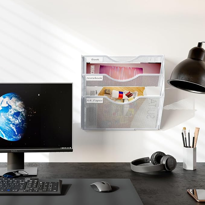 PAG Hanging Wall File Holder, 3 Tier Mail Sorter for Wall, Mesh Office Wall Organizer For Papers/Folders/Files Clipboard & Magazine, White