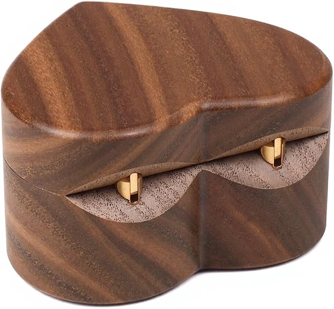Engagement Proposal Ring Box Secret Slim Storage Wooden Heart Case | Walnut Wood Ring Bearer Box Jewelry Storage Holder Collection & Display for Wedding Ceremony Commemoration Day